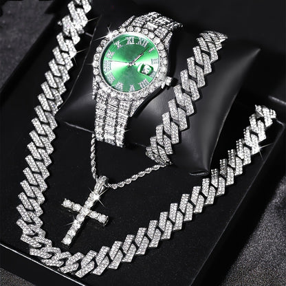 Diamond Luxury Steel Belt Quartz Watch Cuban Bracelet